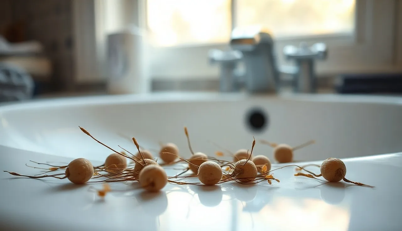 Shed hairs on a white sink showing pale club-shaped roots from telogen effluvium