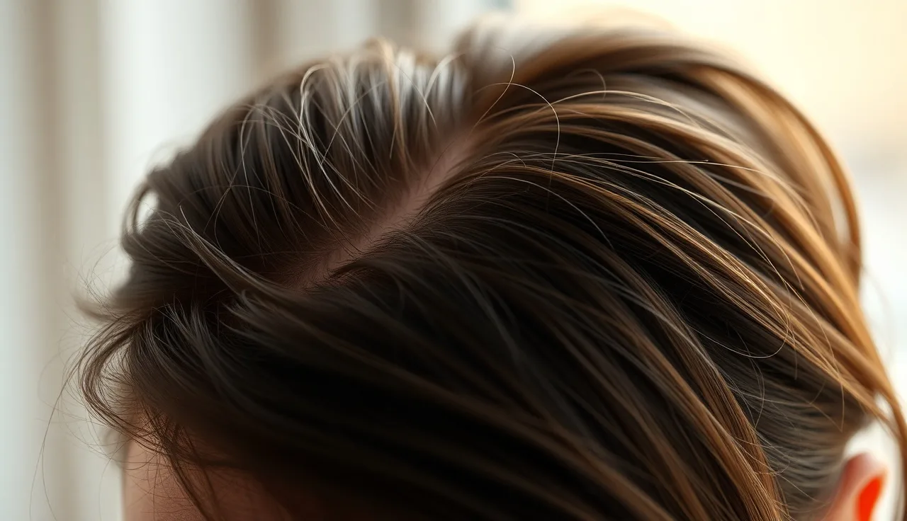 Crown of scalp showing fine new regrowth hairs among longer strands in morning light