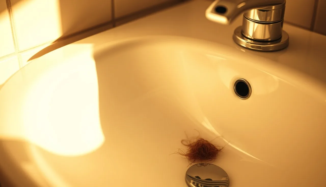 Shed hair strands in a bathroom sink illustrating telogen effluvium hair loss