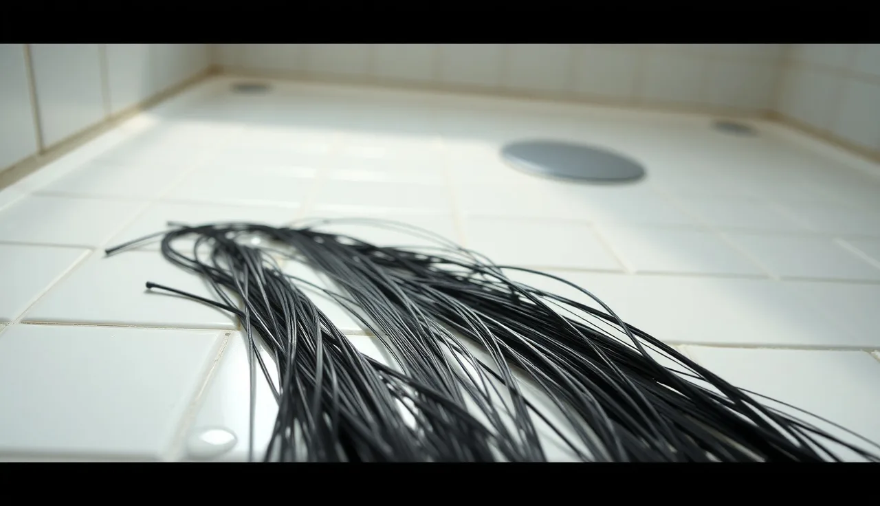 Loose hair strands collected on a shower floor, illustrating telogen effluvium shedding