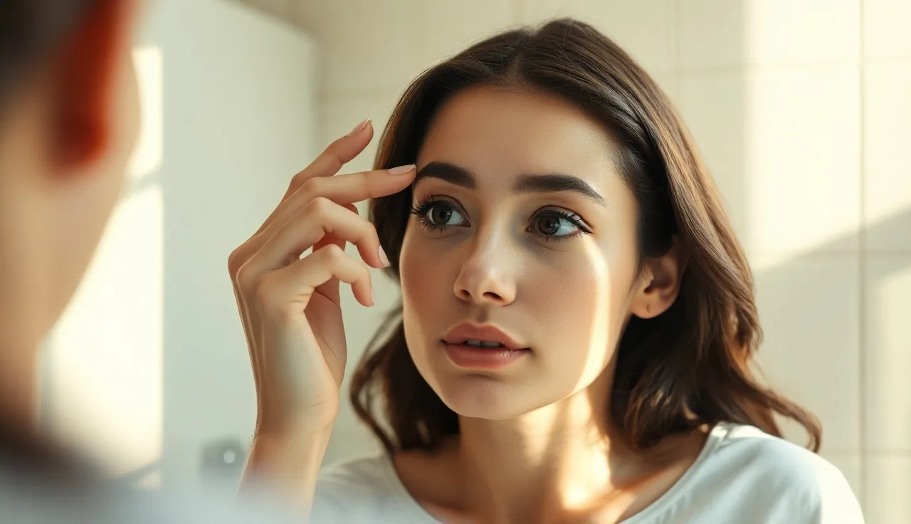 Woman closely examining thinning eyebrows in a bathroom mirror in morning light