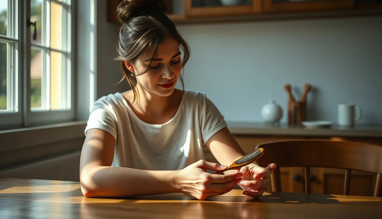 Woman examining a hairbrush at a kitchen table, concerned about hair shedding