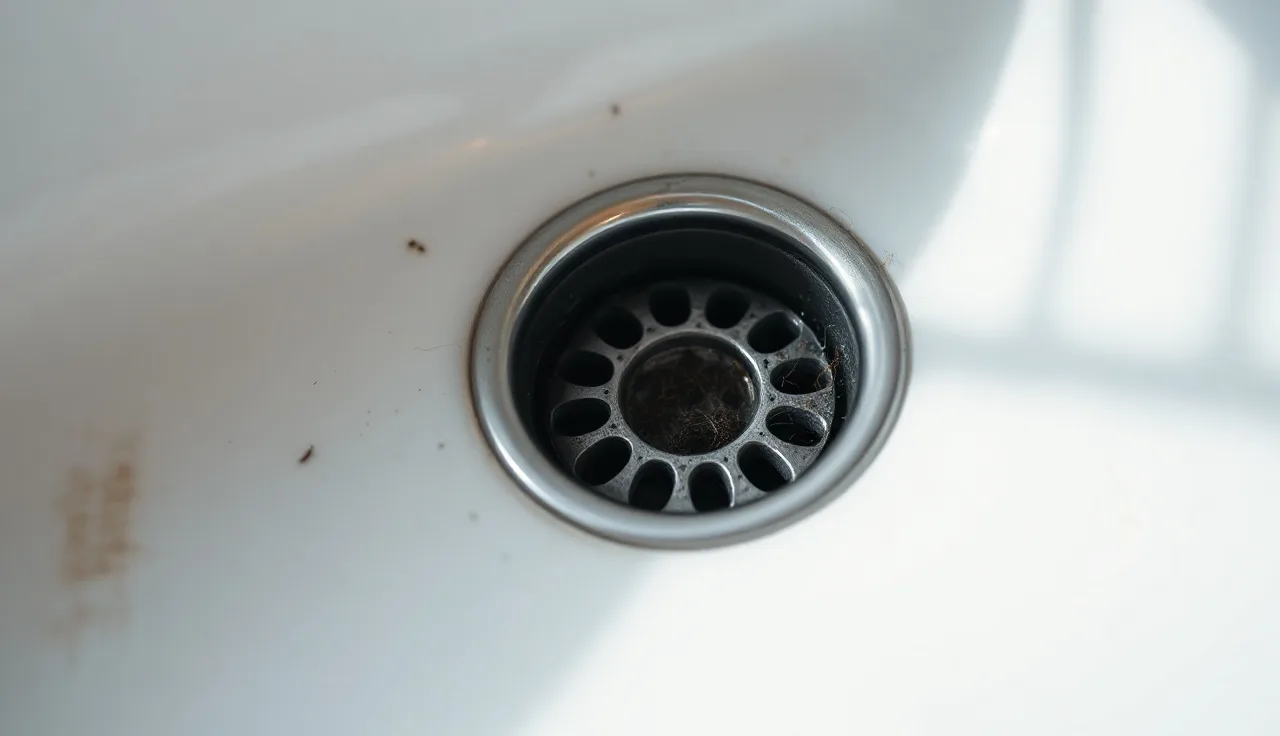 Hair strands collected near a bathroom sink drain, illustrating telogen effluvium shedding