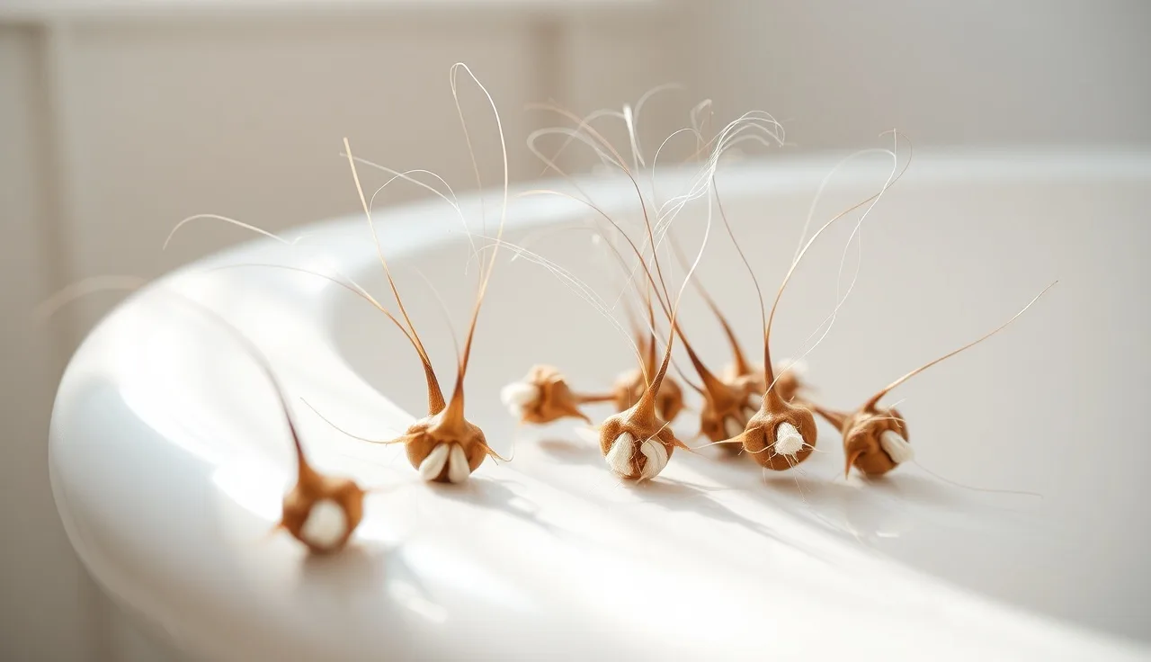Shed hairs with visible white telogen bulbs on a white surface