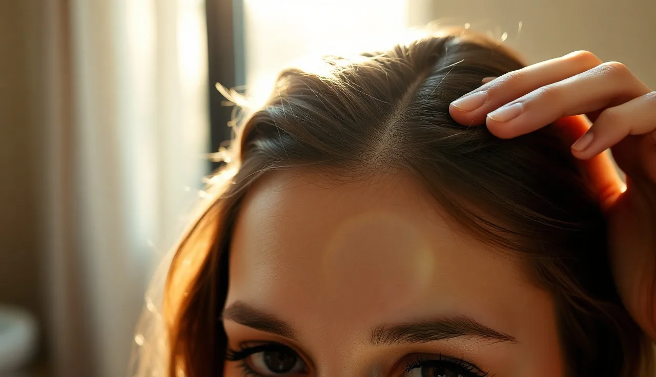 Woman examining her frontal hairline and scalp in natural morning light