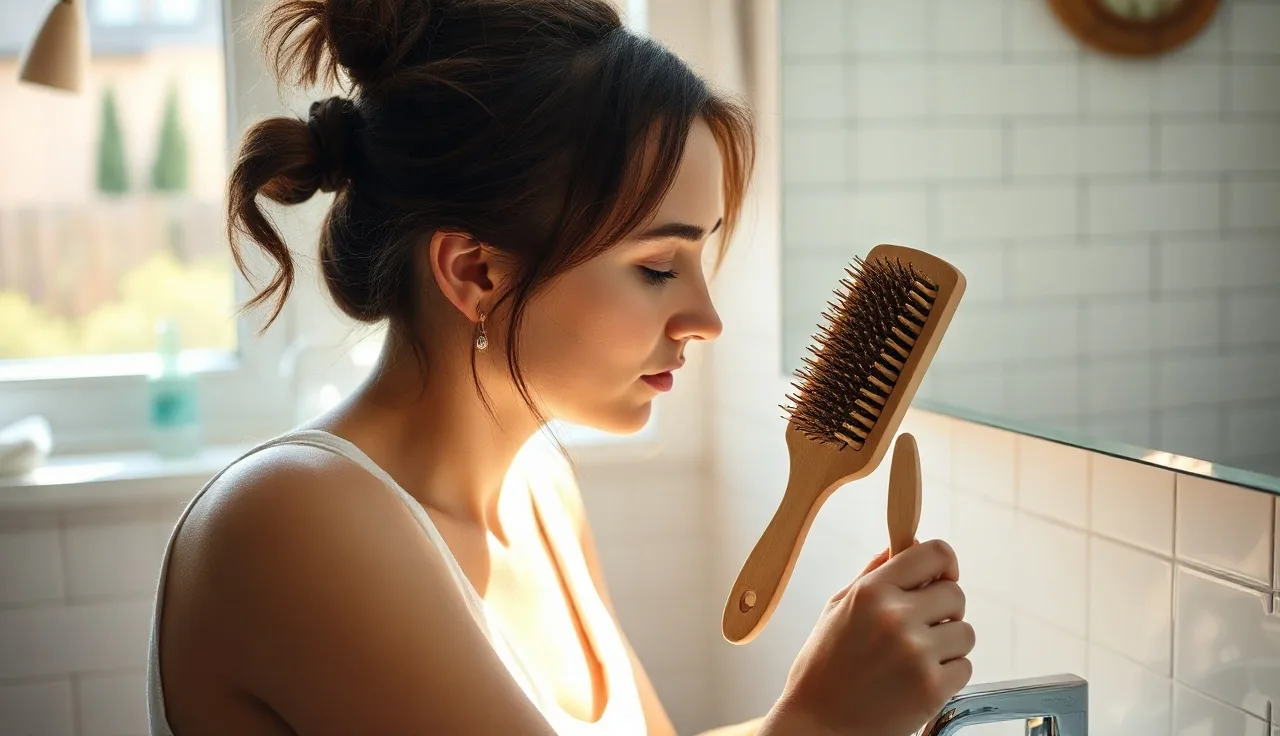 Woman examining hair in brush for signs of telogen effluvium hair shedding