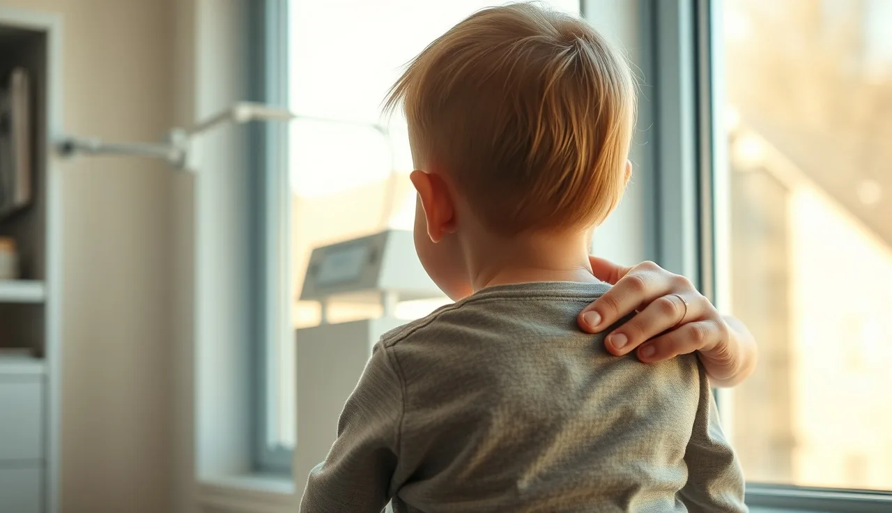 Child with thinning hair sitting by window in pediatrician's office with parent