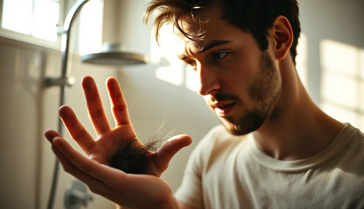 Man examining hair loss in his hand in a bathroom mirror, telogen effluvium