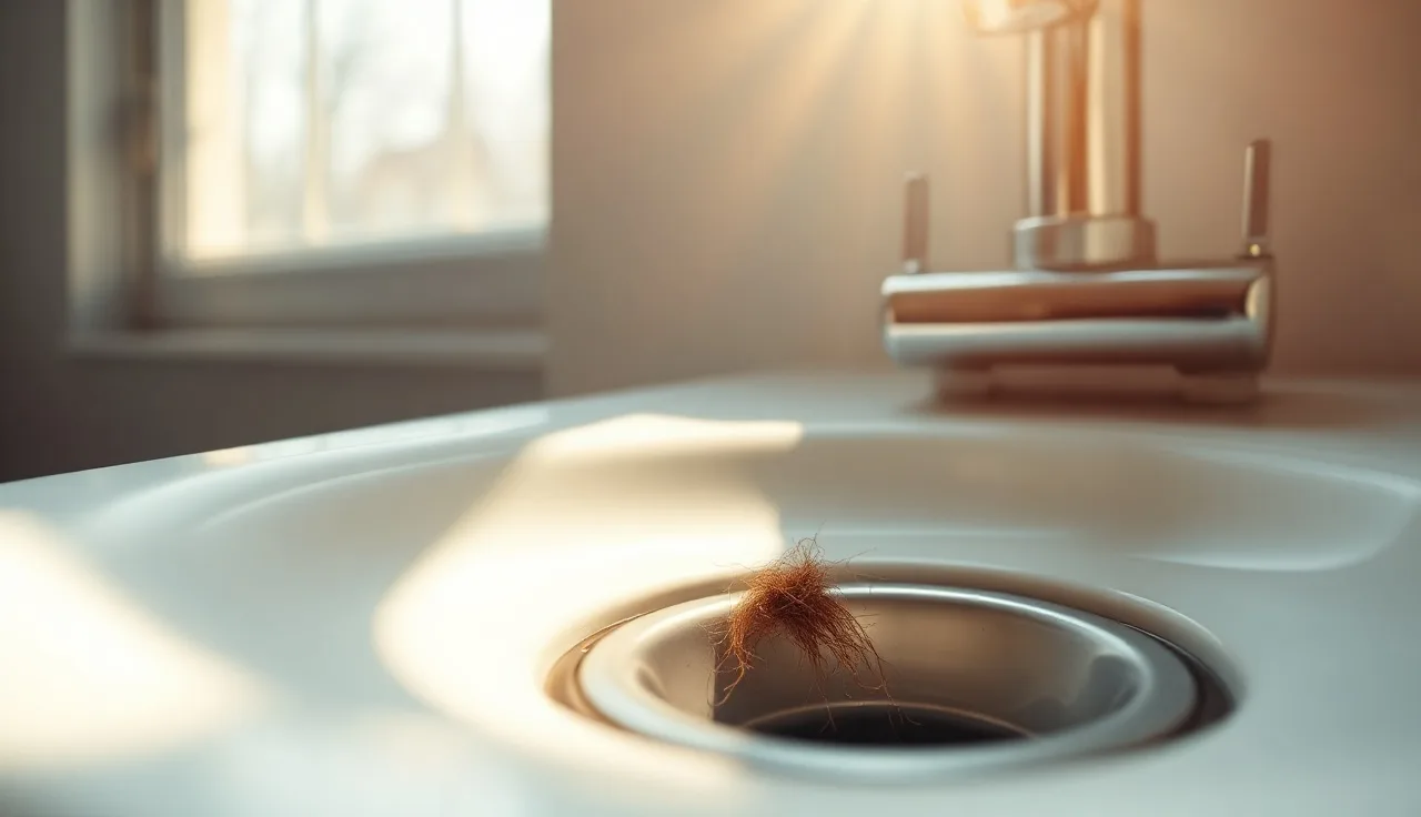 Shed hairs collected around a bathroom drain illustrating telogen effluvium hair shedding