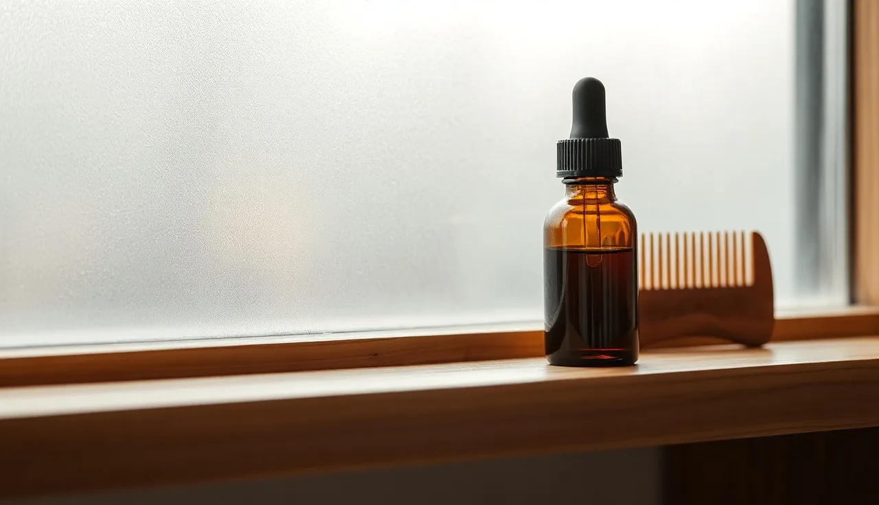 Amber dropper bottle and comb on a bathroom shelf suggesting telogen effluvium medication