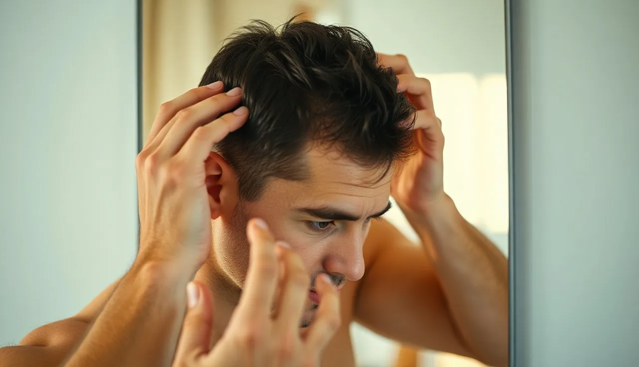 Man examining diffuse hair thinning in bathroom mirror, telogen effluvium