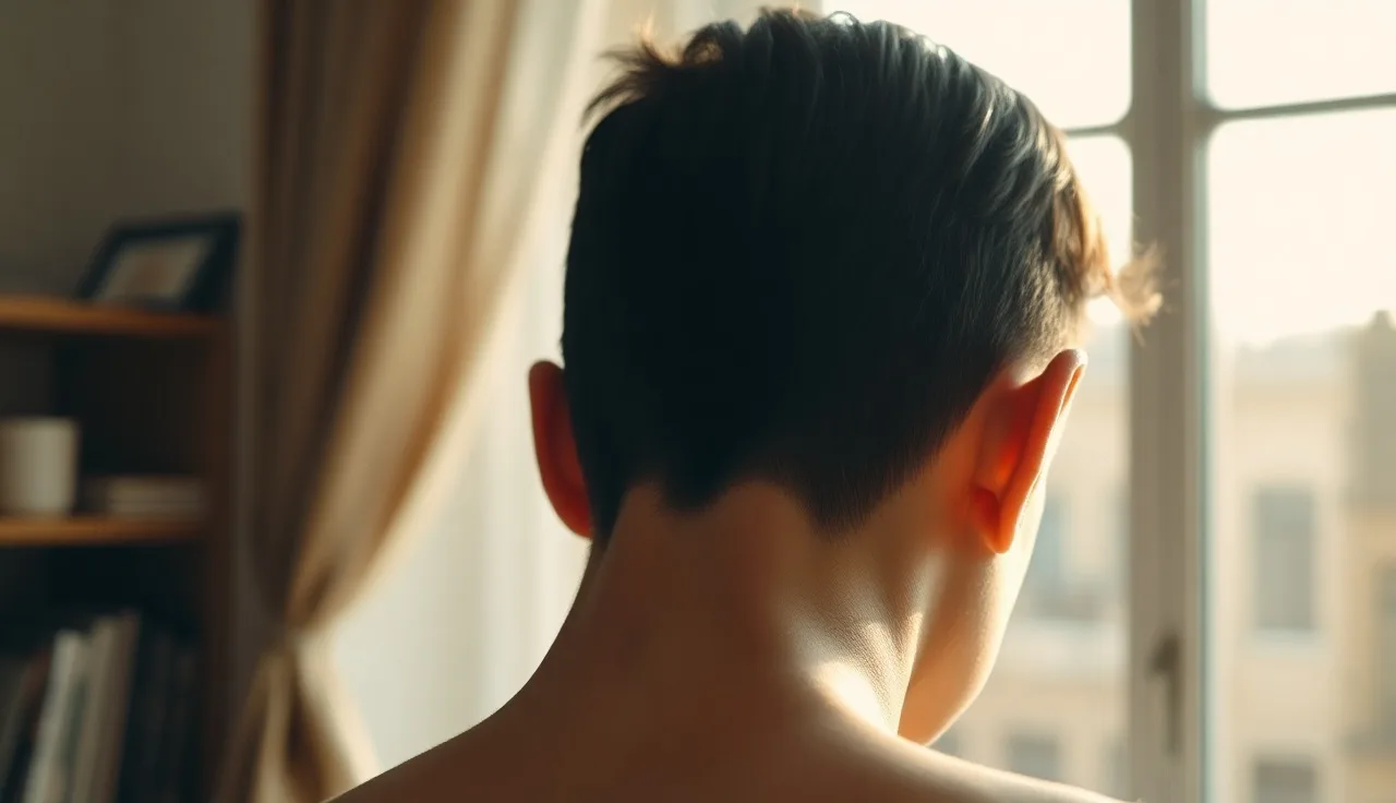 Close view of nape of neck showing fine thinning hair in soft natural light