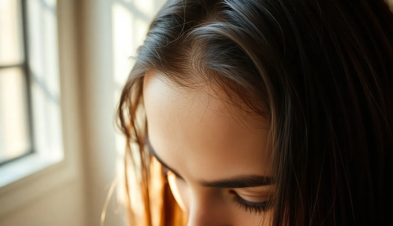 Widened center hair part showing scalp visibility, a hallmark of telogen effluvium shedding