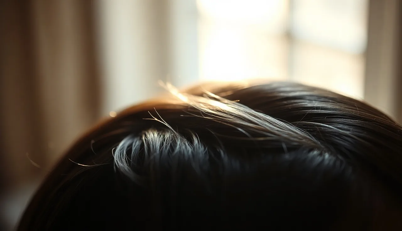 Woman's scalp parted to show telogen effluvium diffuse thinning and short regrowth hairs