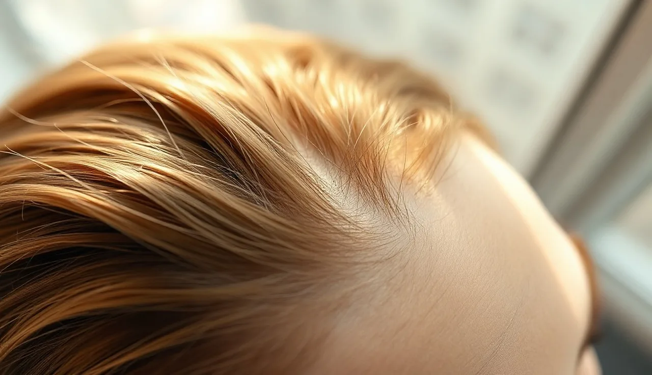 Woman's scalp part line showing short new regrowth hairs in natural light