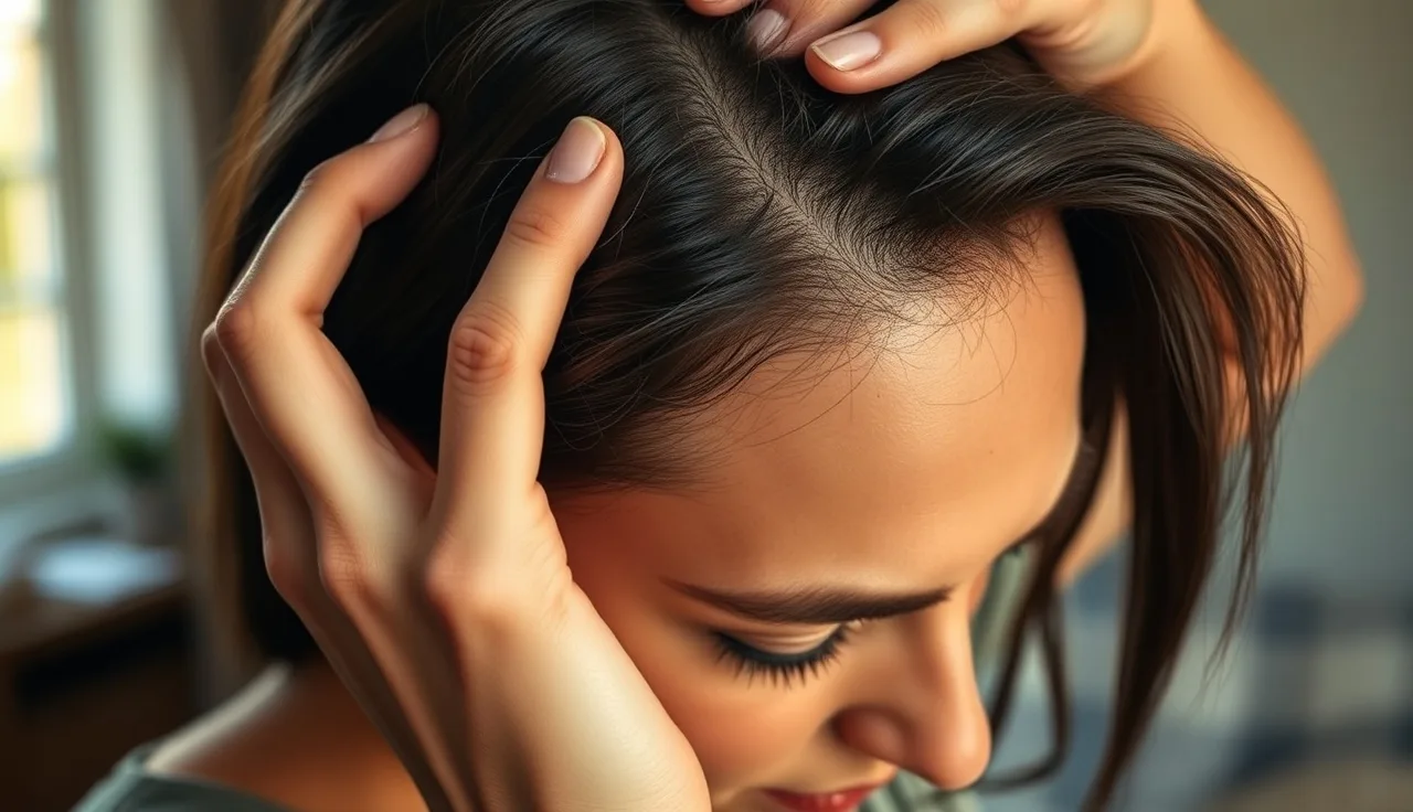 Woman examining scalp hair part for signs of telogen effluvium regrowth
