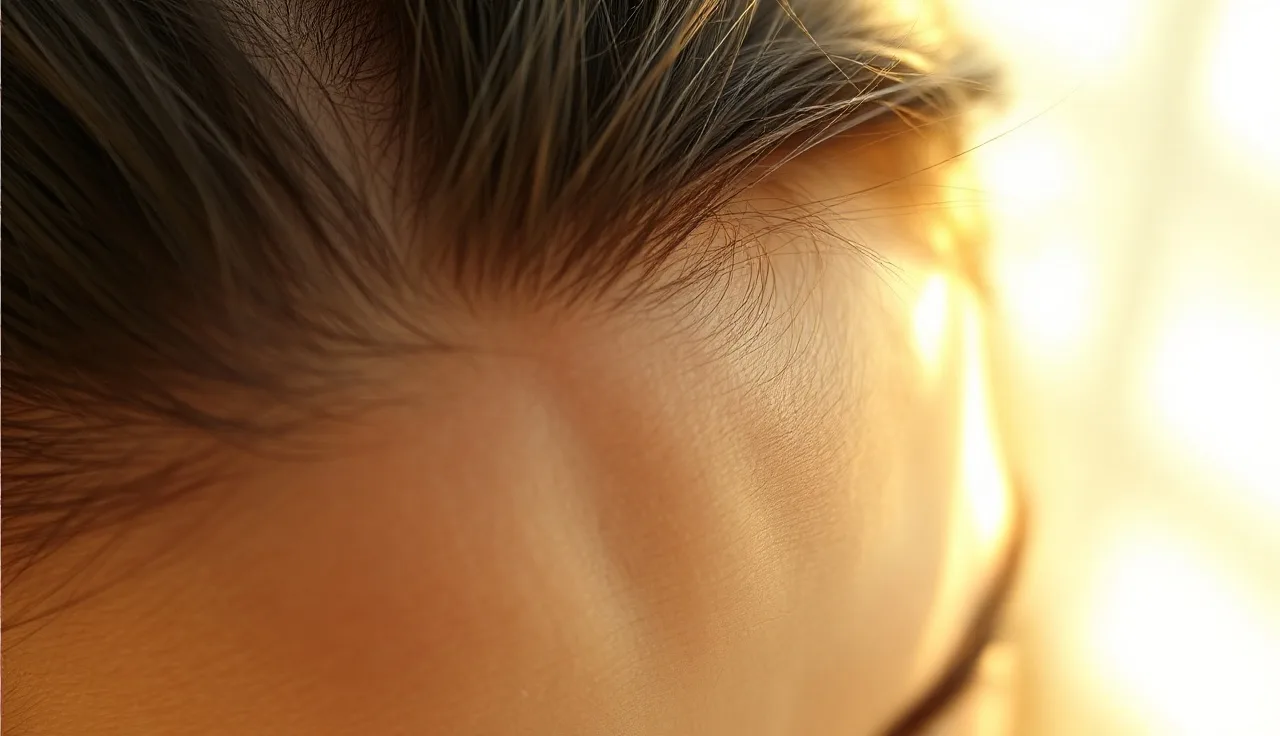 Woman's scalp showing short baby hairs regrowing along the part line after telogen effluvium