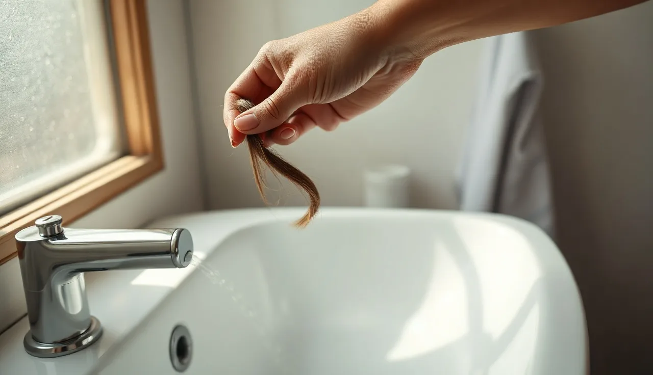 Woman parting wet hair at crown showing diffuse thinning from telogen effluvium