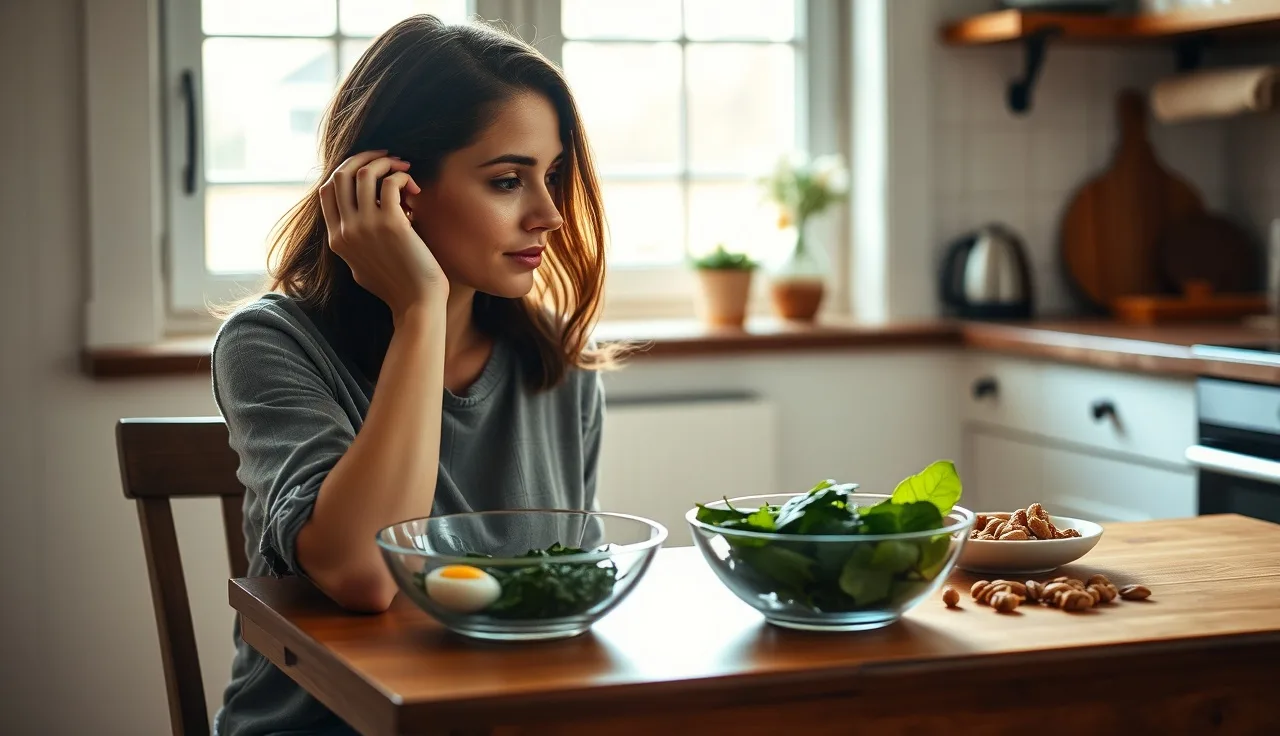 Woman examining her hair at a kitchen table with nutritious foods nearby