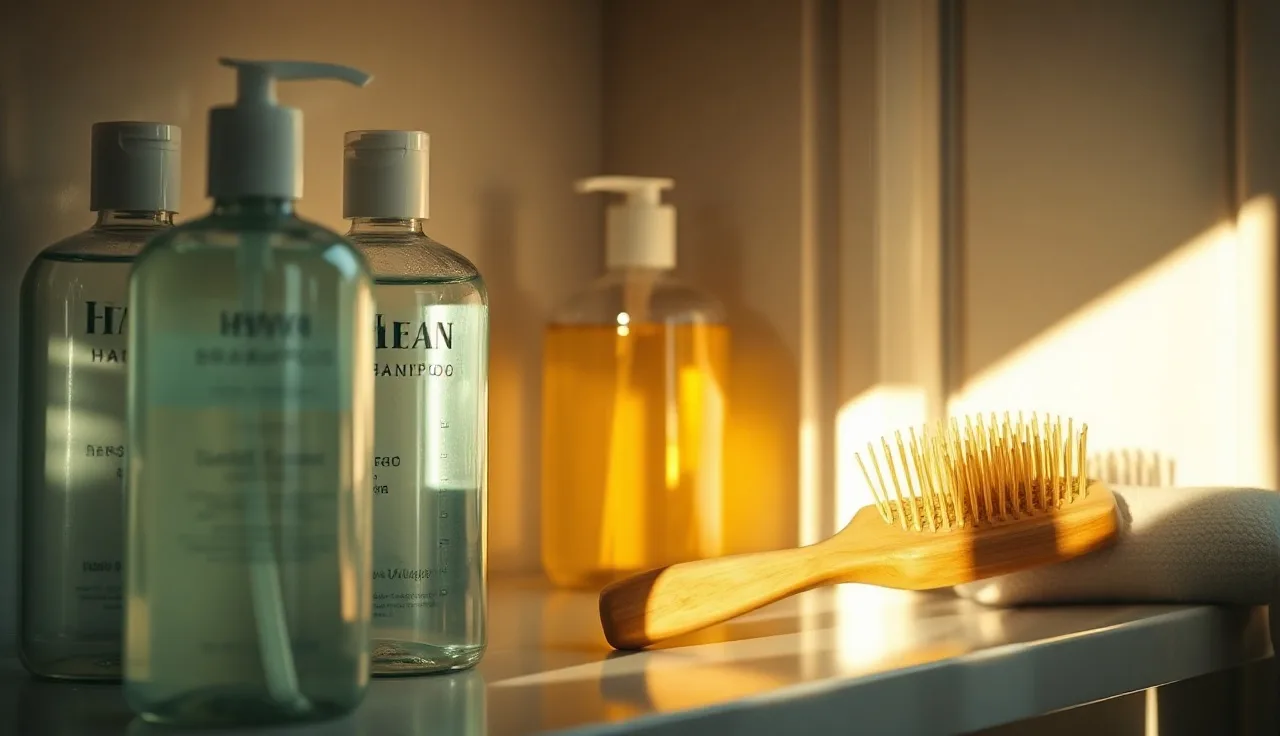 Shampoo bottles on a bathroom shelf beside a wooden hairbrush for telogen effluvium care