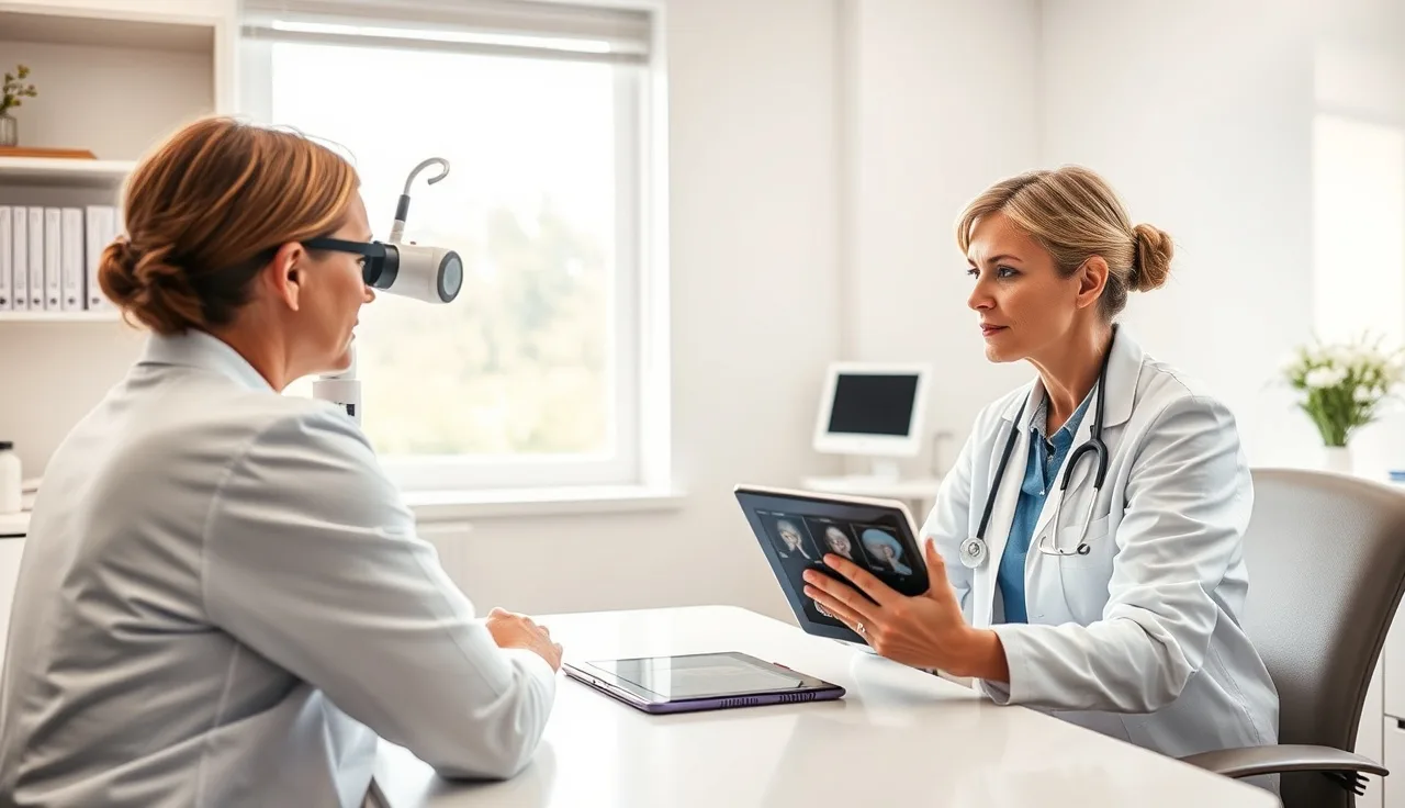 Dermatologist and female patient reviewing scalp trichoscopy images for hair loss