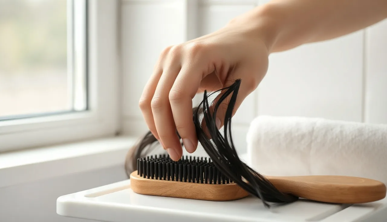 Woman collecting loose shed hairs from a hairbrush during telogen effluvium