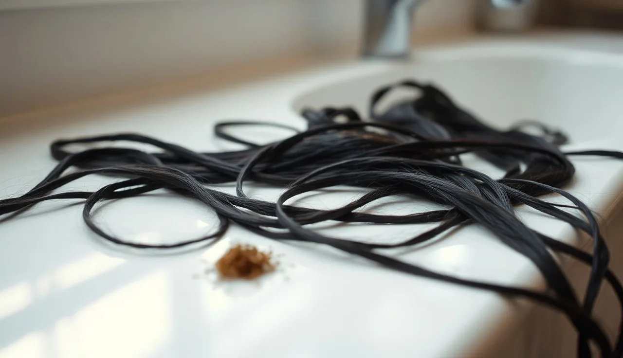 Shed hairs on a white bathroom counter illustrating telogen effluvium shedding