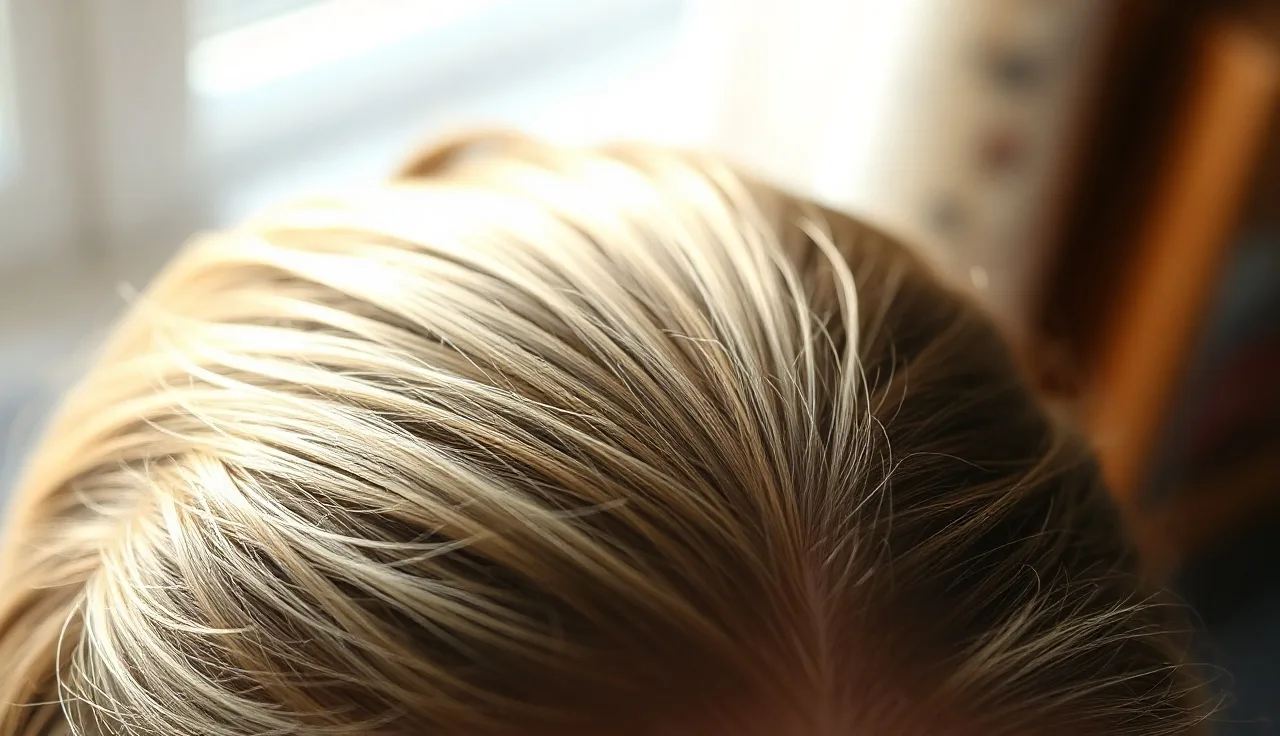 Close view of thinning hair at the crown of the scalp under natural light