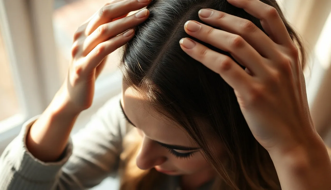 Woman examining thinning hair at the crown and part line in natural light