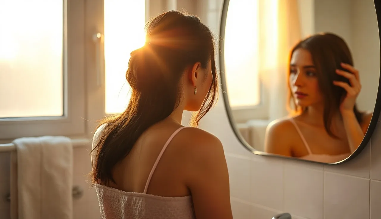 Woman examining her hairline in a bathroom mirror during morning light