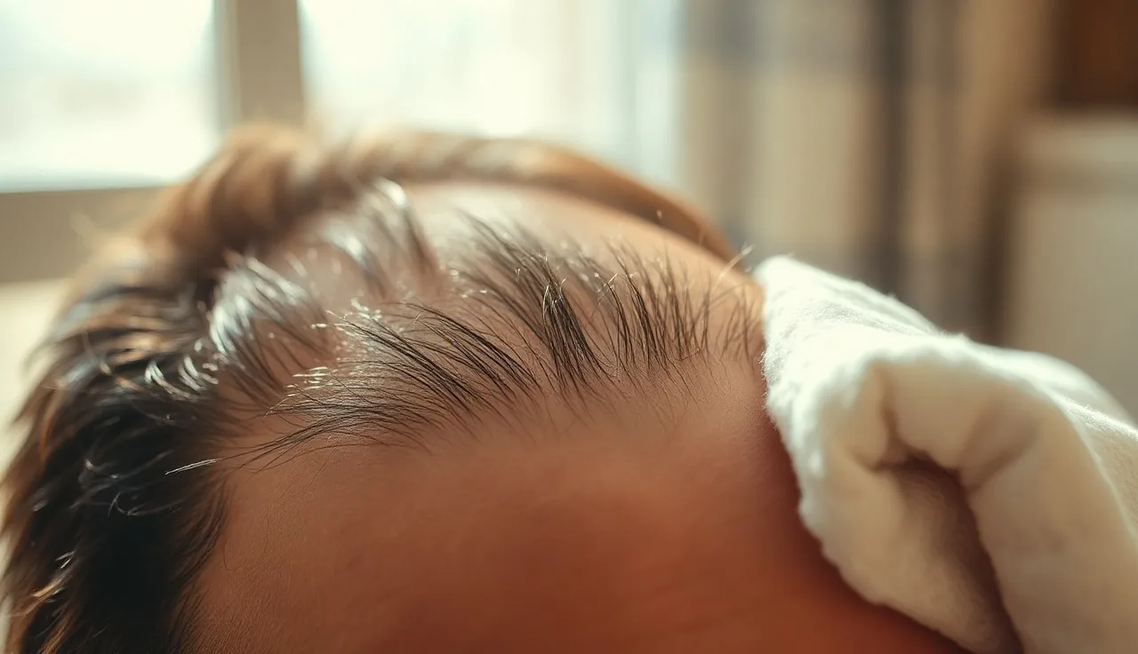 Man's scalp with shed hairs on white towel beside a wide-tooth comb