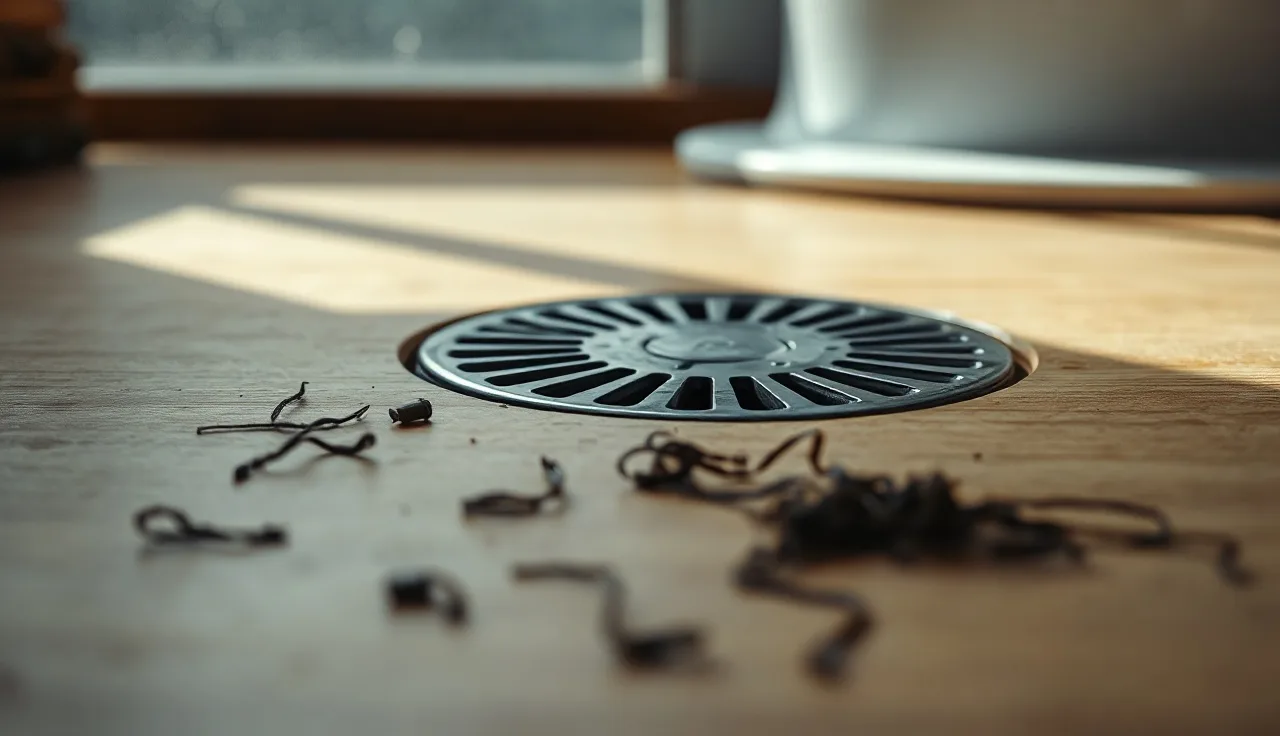 Dark hair strands on a bathroom floor near a shower drain showing hair shedding