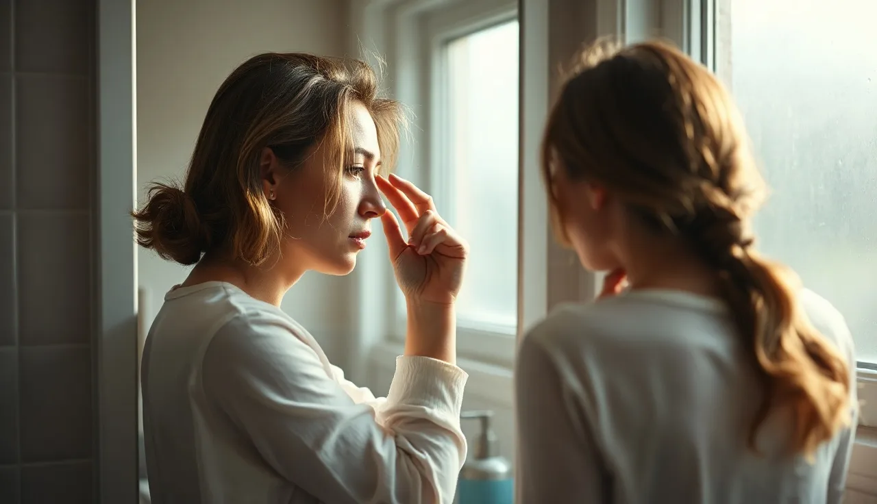 Woman examining her scalp in bathroom mirror for telogen effluvium hair shedding