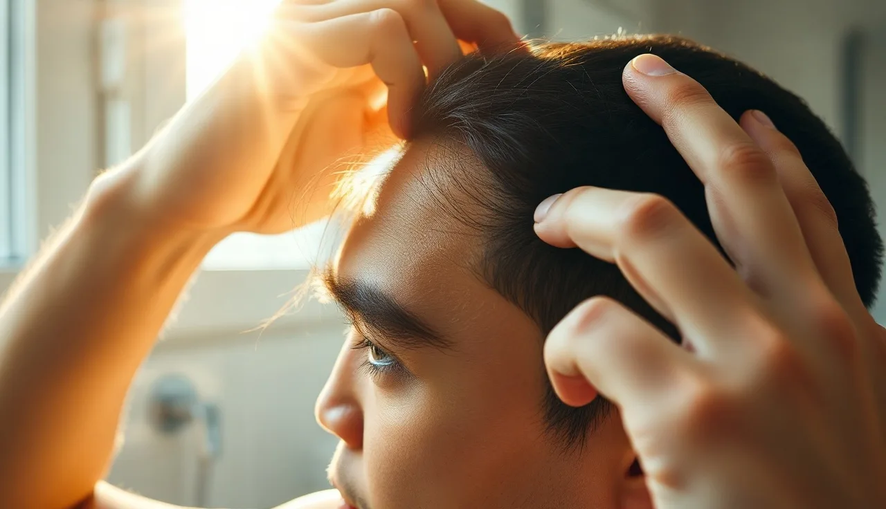 Man parting hair to examine crown DHT-related hair thinning at scalp