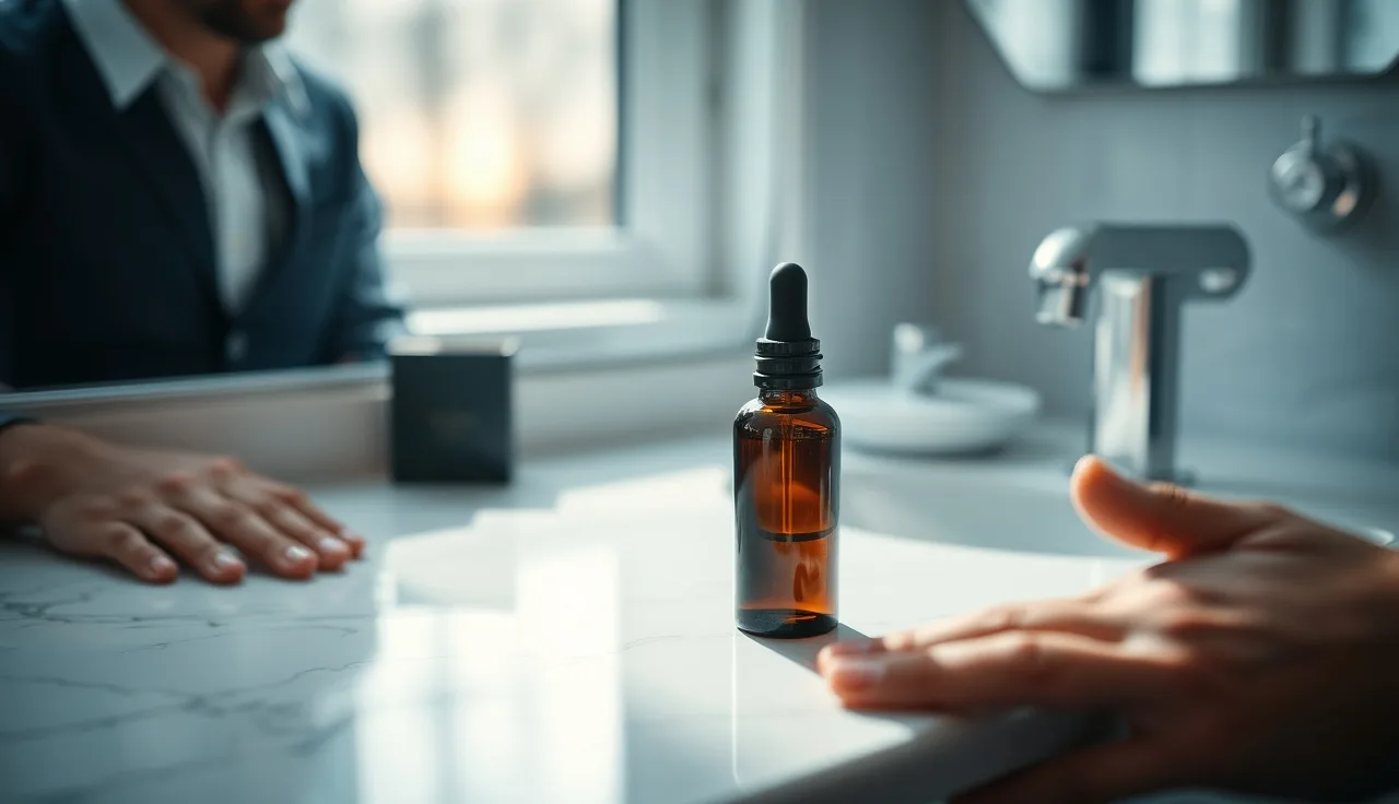 Glass dropper bottle of topical dutasteride solution on a bathroom counter in morning light
