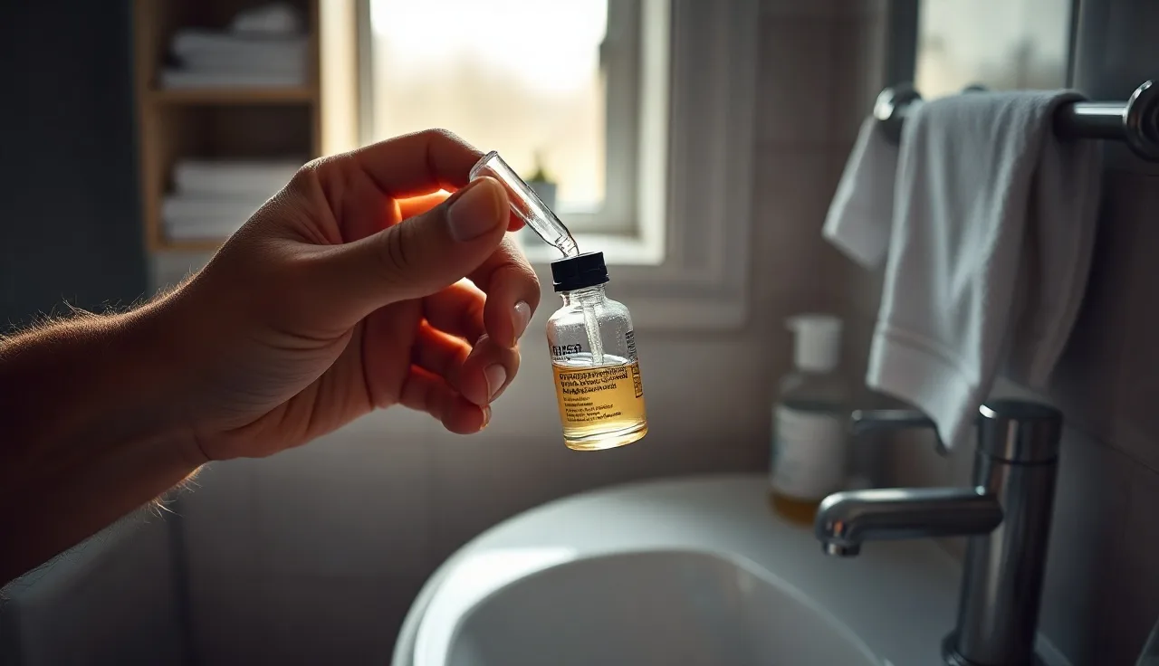 Man holding topical finasteride dropper bottle in bathroom morning light