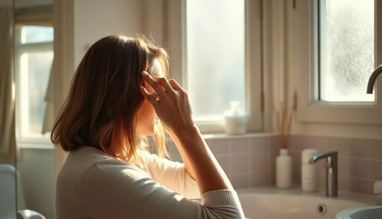 Woman examining hair part line in bathroom mirror for signs of thinning