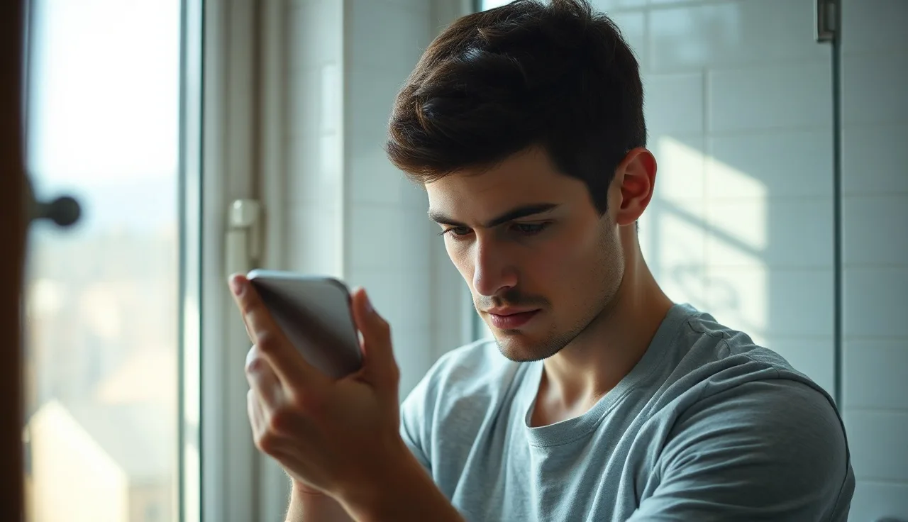 Man checking crown of head in mirror, examining hair thinning in morning light