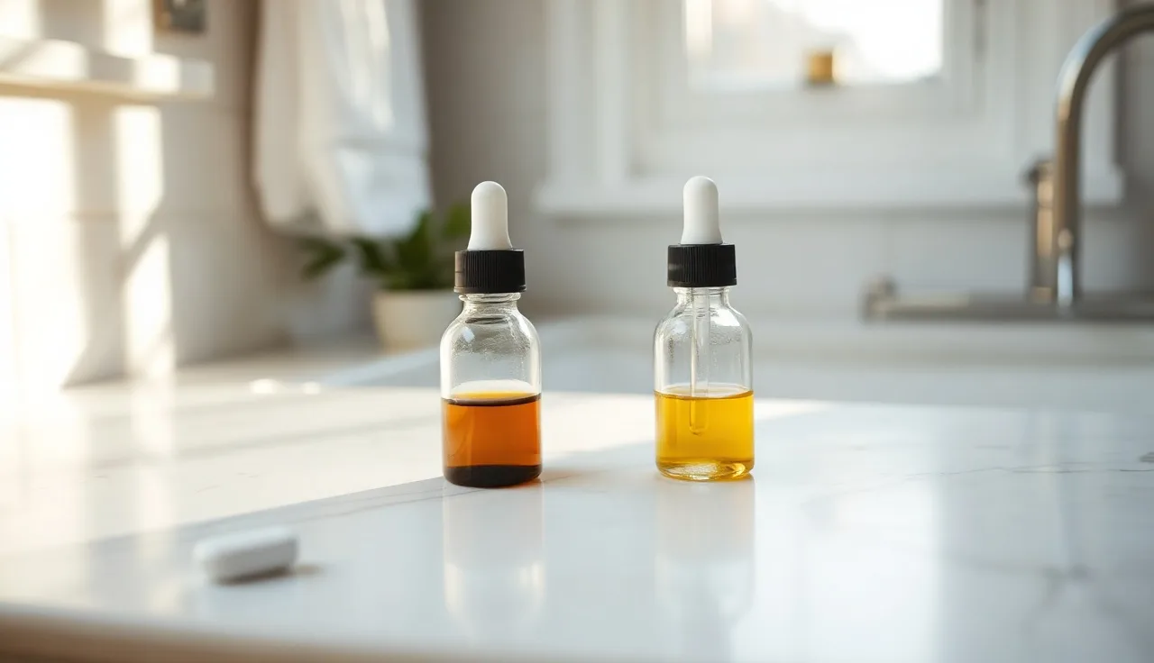 Topical dropper bottles and a pill on a marble counter comparing finasteride delivery methods