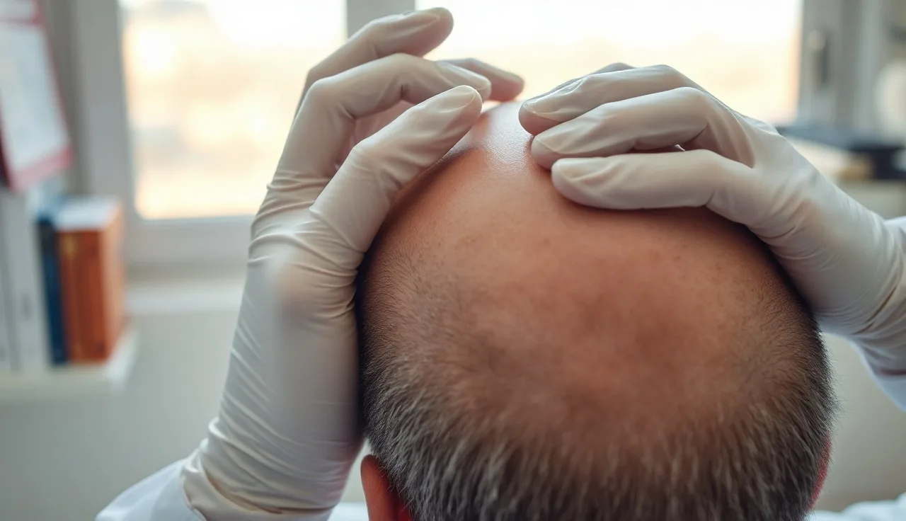 Dermatologist examining a patient's scalp for total alopecia in a clinical setting