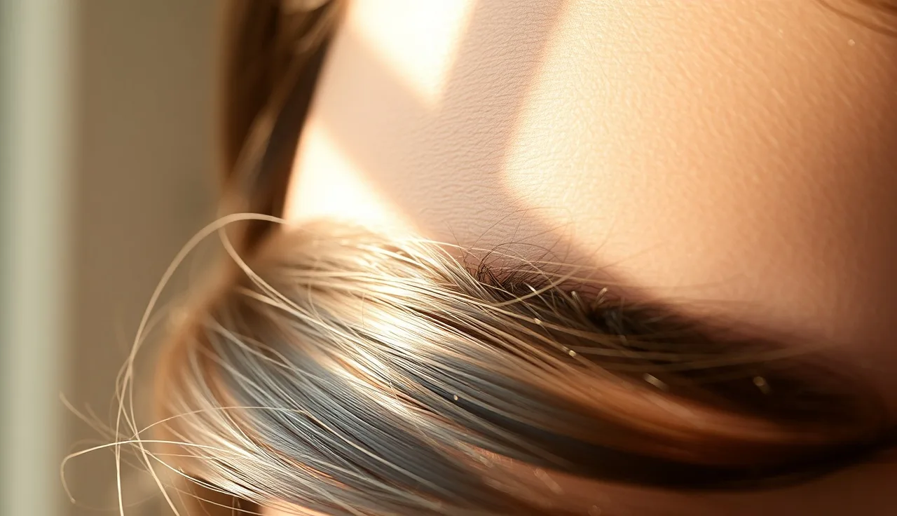 Woman's temple showing fine hair regrowth at hairline in morning light