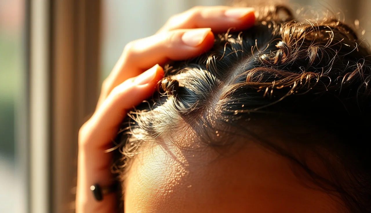 Woman examining her hairline and scalp for traction alopecia signs