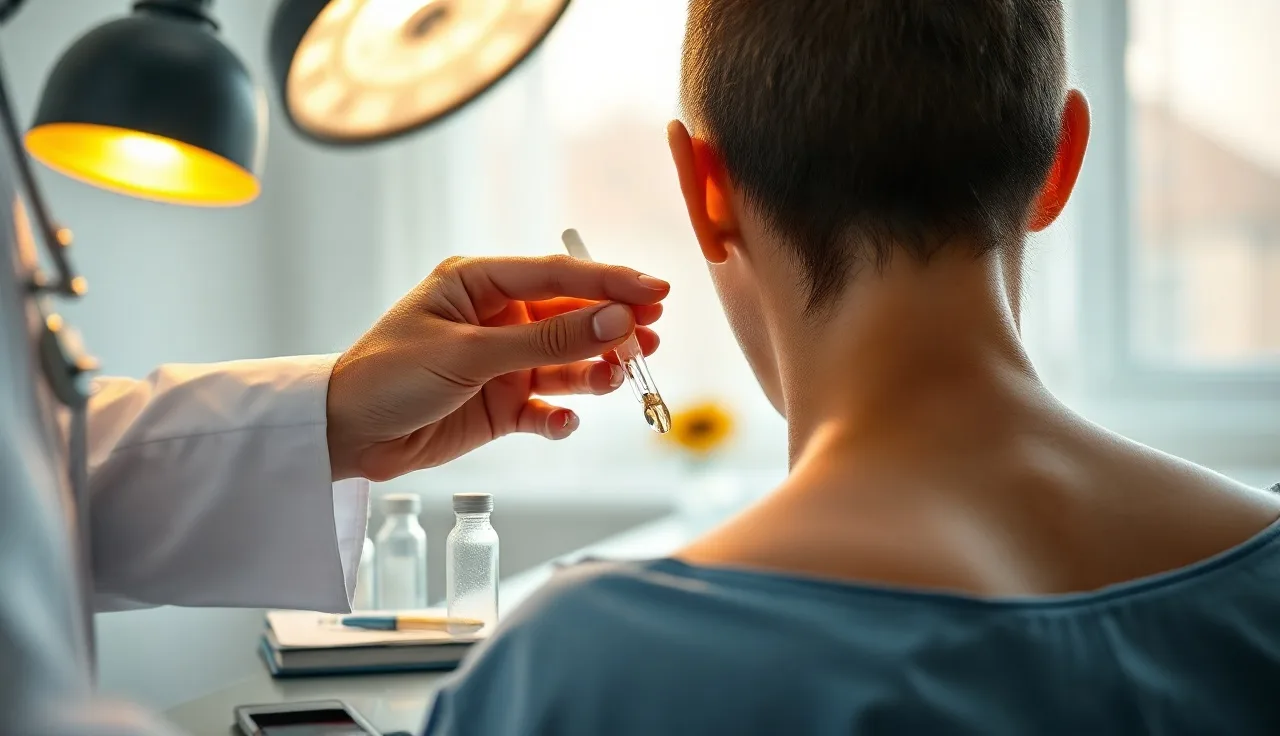 Dermatologist examining a patient's scalp for alopecia universalis treatment assessment