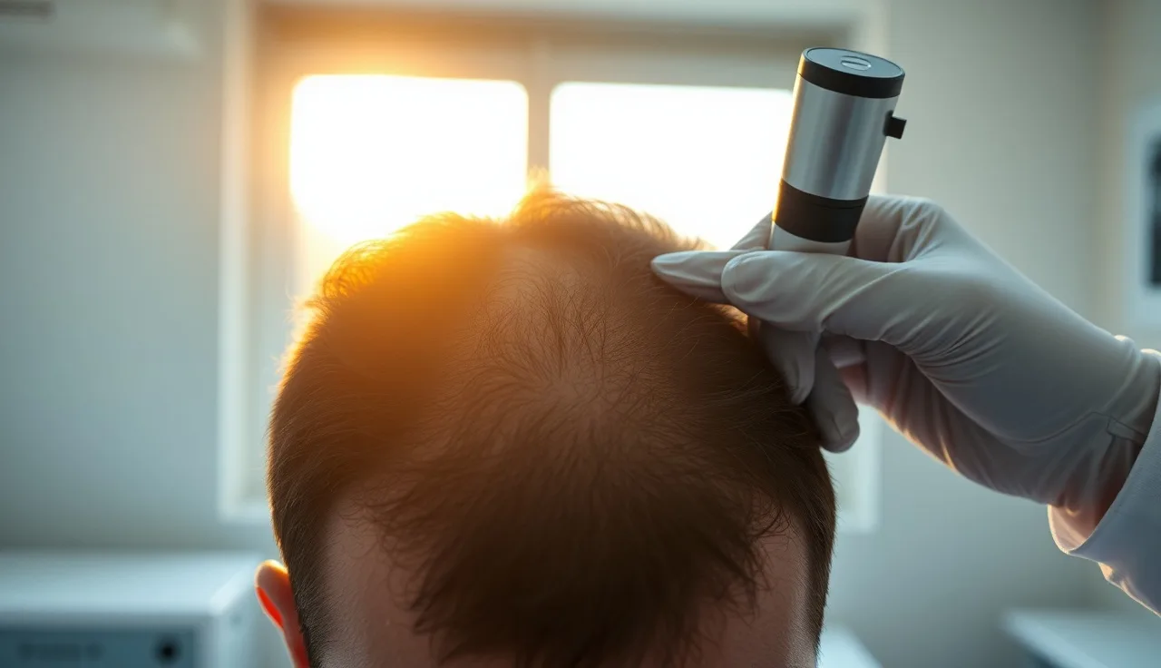 Dermatologist examining a man's thinning hair with a dermoscope during hair loss consultation