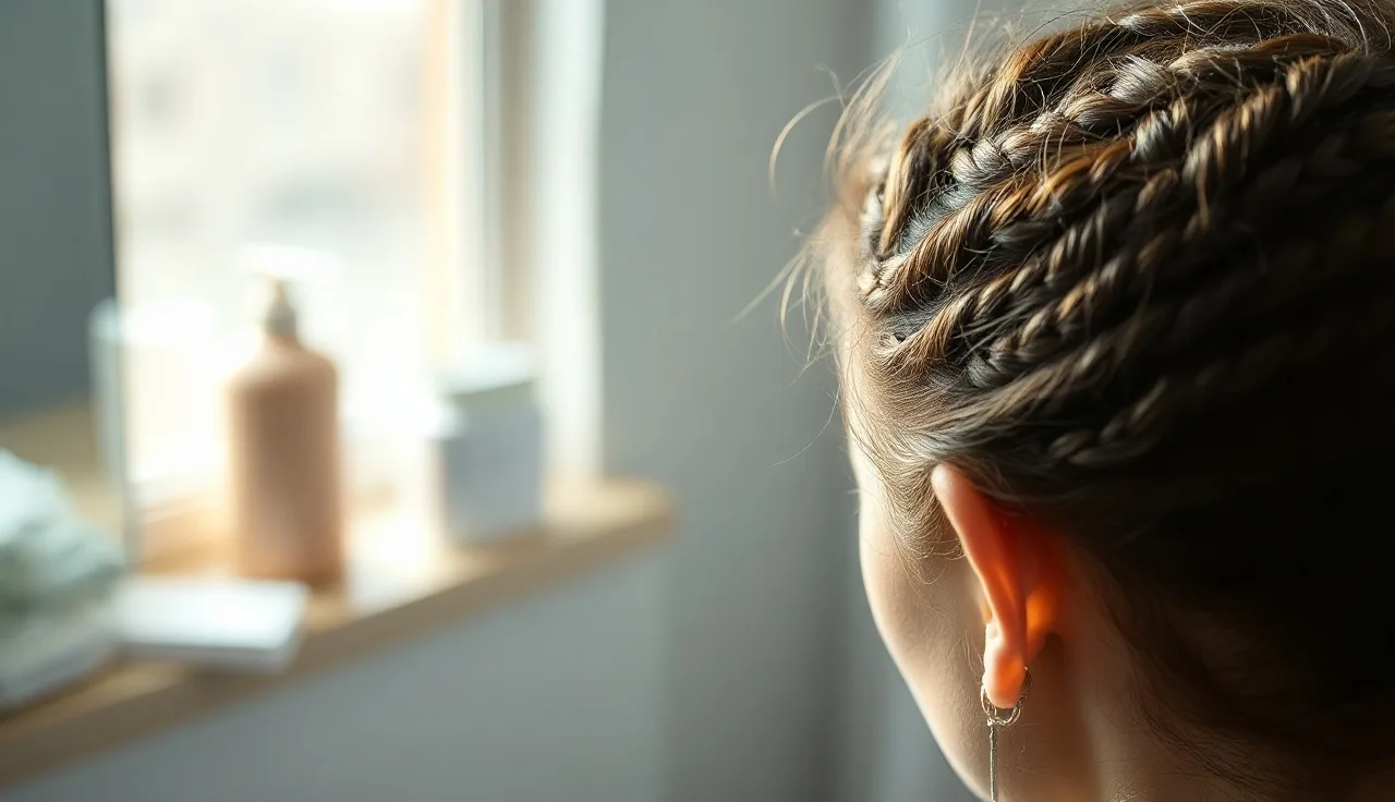 Woman's scalp and hairline showing traction alopecia pattern near temples from tight braids