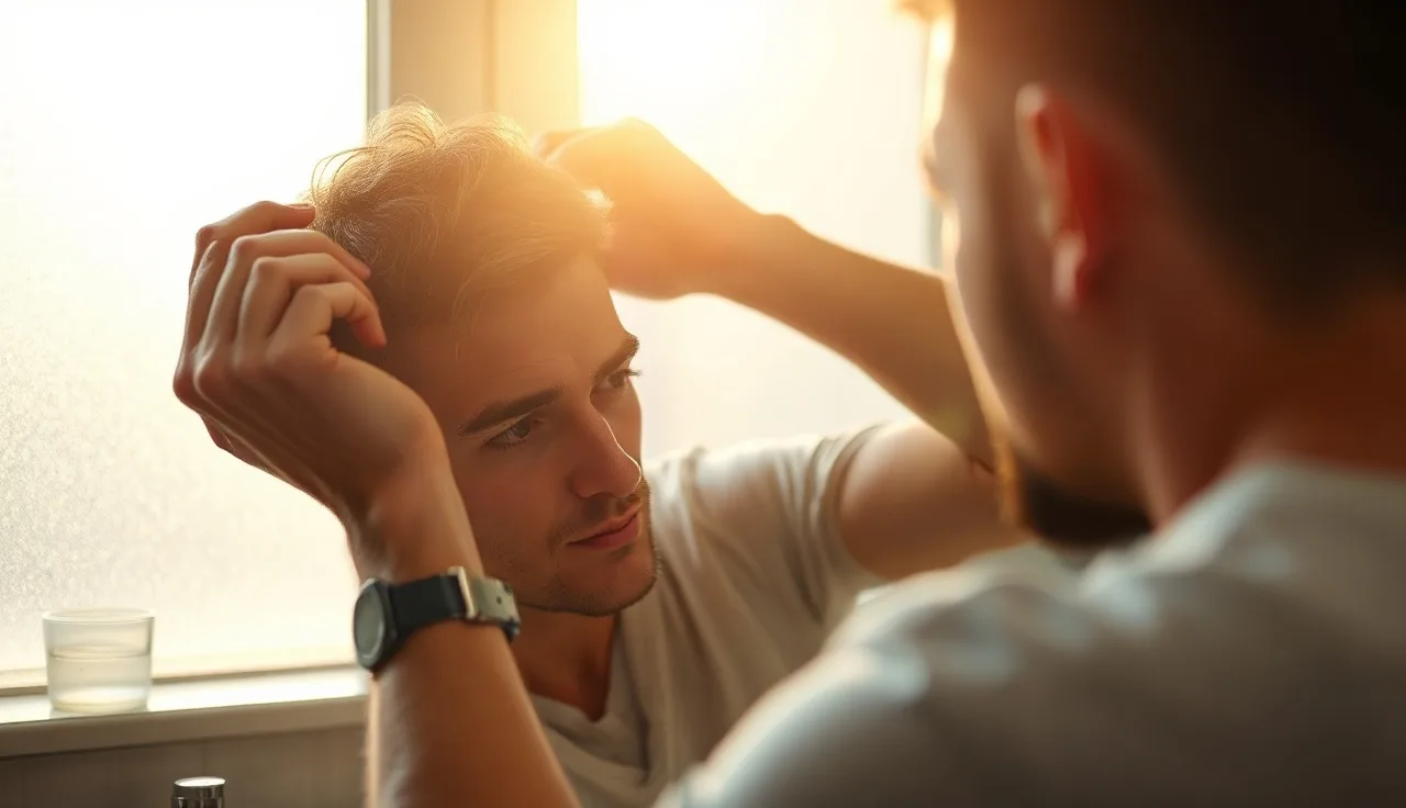 Man examining his receding hairline in a bathroom mirror under morning light