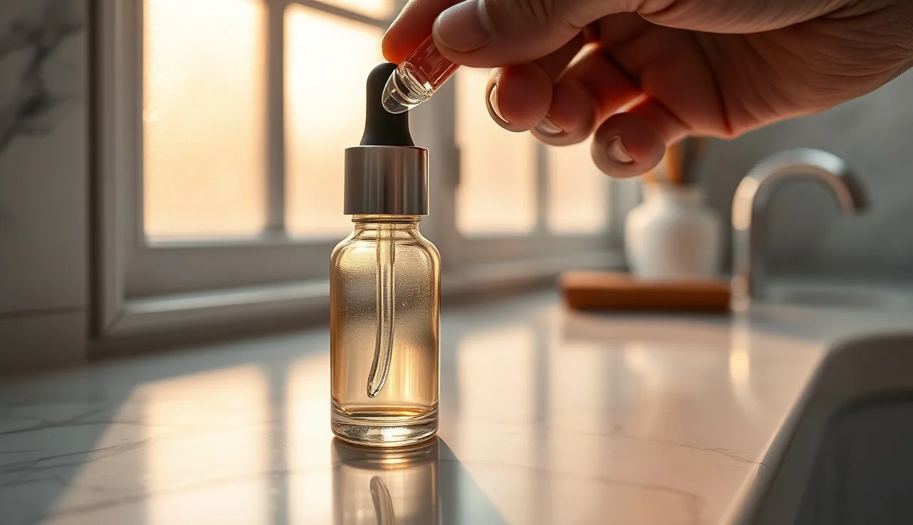 Glass dropper bottle of ULO minoxidil on a marble bathroom counter in morning light