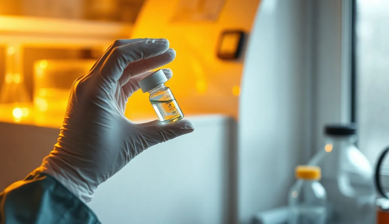 Scientist examining a clinical trial vial in a hair loss research laboratory