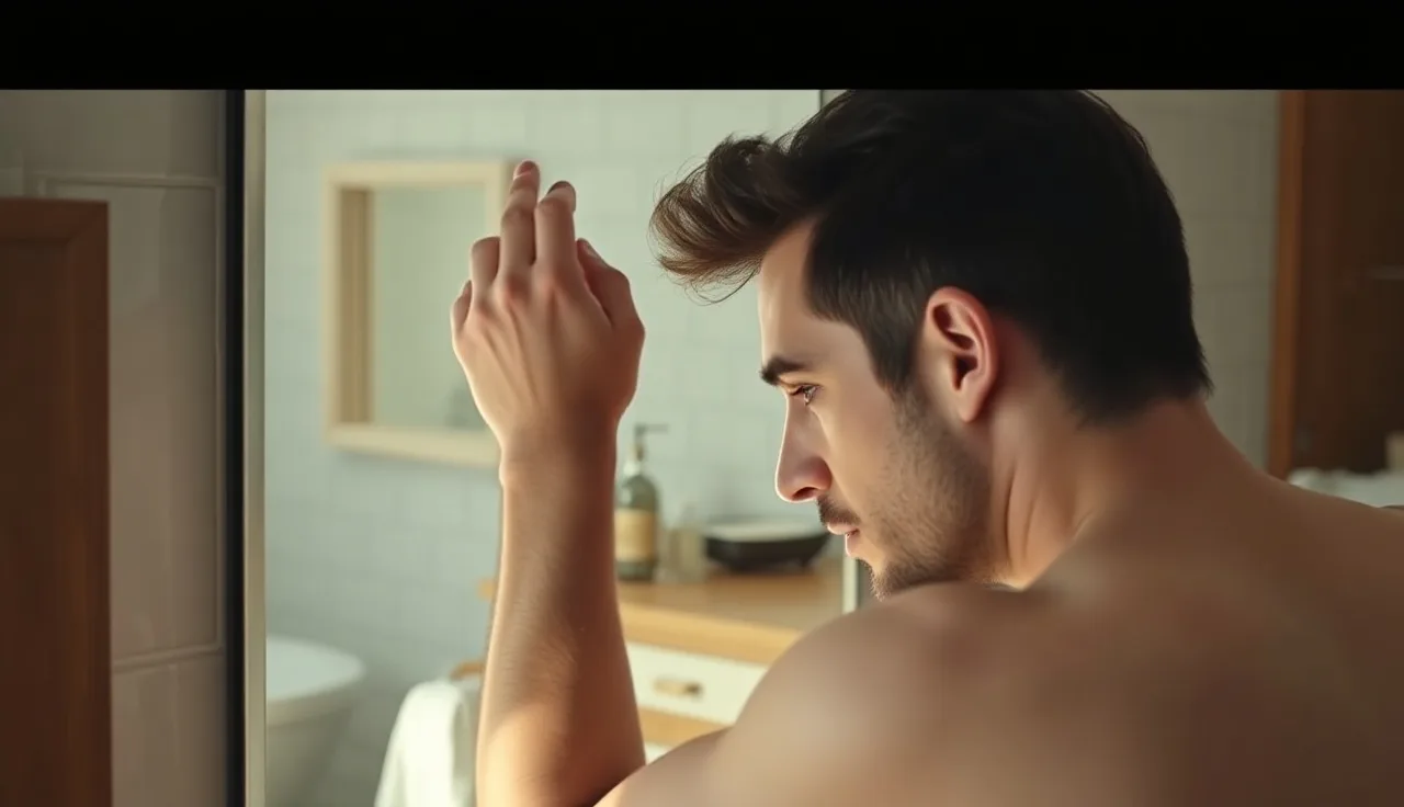 Man examining his receding hairline in a bathroom mirror under warm light