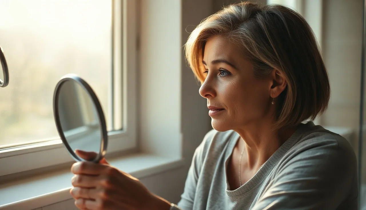 Woman examining hairline in mirror under natural morning window light
